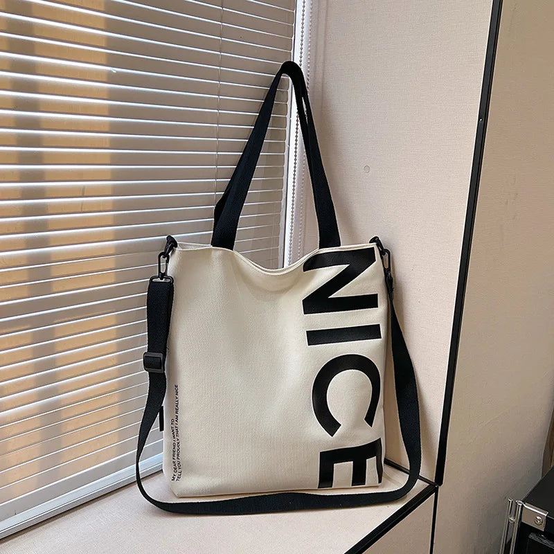 Student Canvas Bag Large Capacity Trendy Tote Zipper Closure Letter Print Single-Shoulder Crossbody Bag