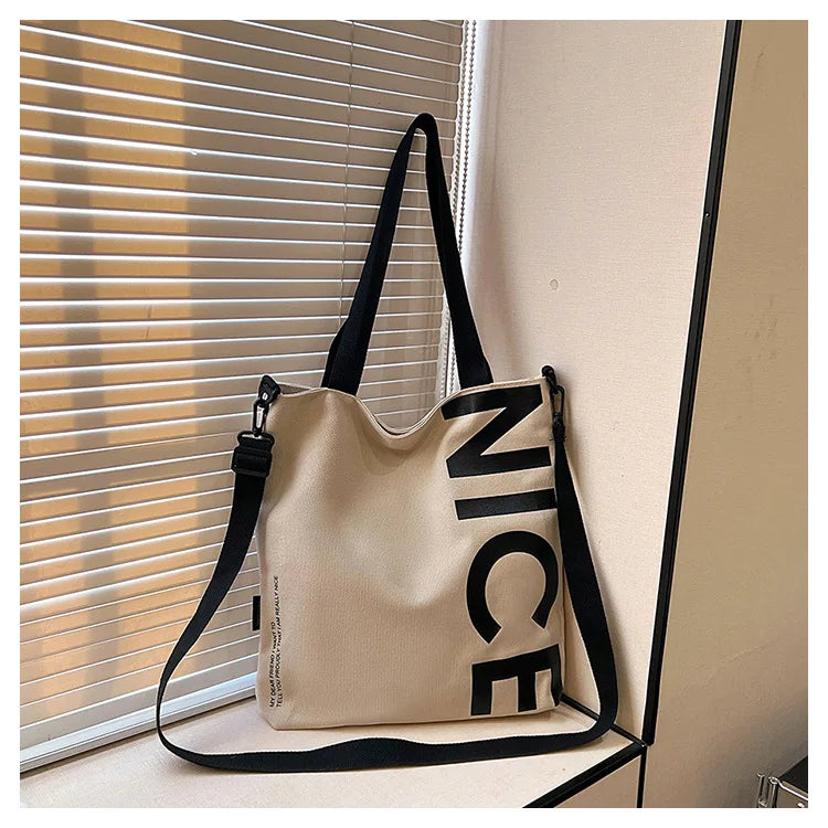 Student Canvas Bag Large Capacity Trendy Tote Zipper Closure Letter Print Single-Shoulder Crossbody Bag