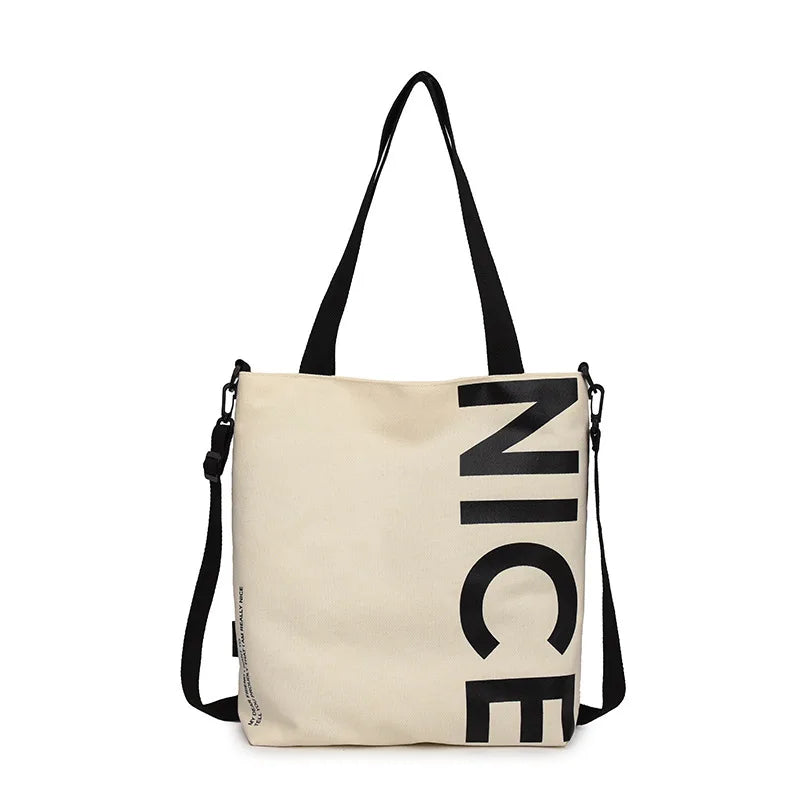 Student Canvas Bag Large Capacity Trendy Tote Zipper Closure Letter Print Single-Shoulder Crossbody Bag