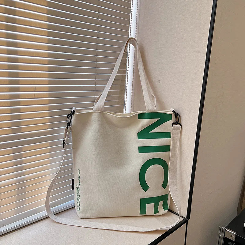 Student Canvas Bag Large Capacity Trendy Tote Zipper Closure Letter Print Single-Shoulder Crossbody Bag