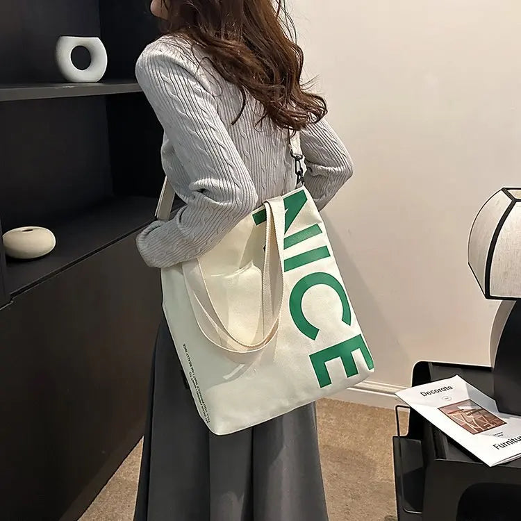 Student Canvas Bag Large Capacity Trendy Tote Zipper Closure Letter Print Single-Shoulder Crossbody Bag