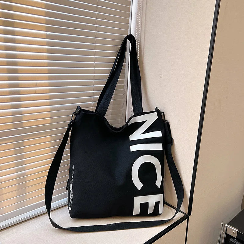 Student Canvas Bag Large Capacity Trendy Tote Zipper Closure Letter Print Single-Shoulder Crossbody Bag
