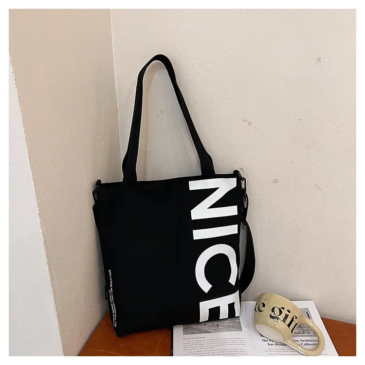 Student Canvas Bag Large Capacity Trendy Tote Zipper Closure Letter Print Single-Shoulder Crossbody Bag