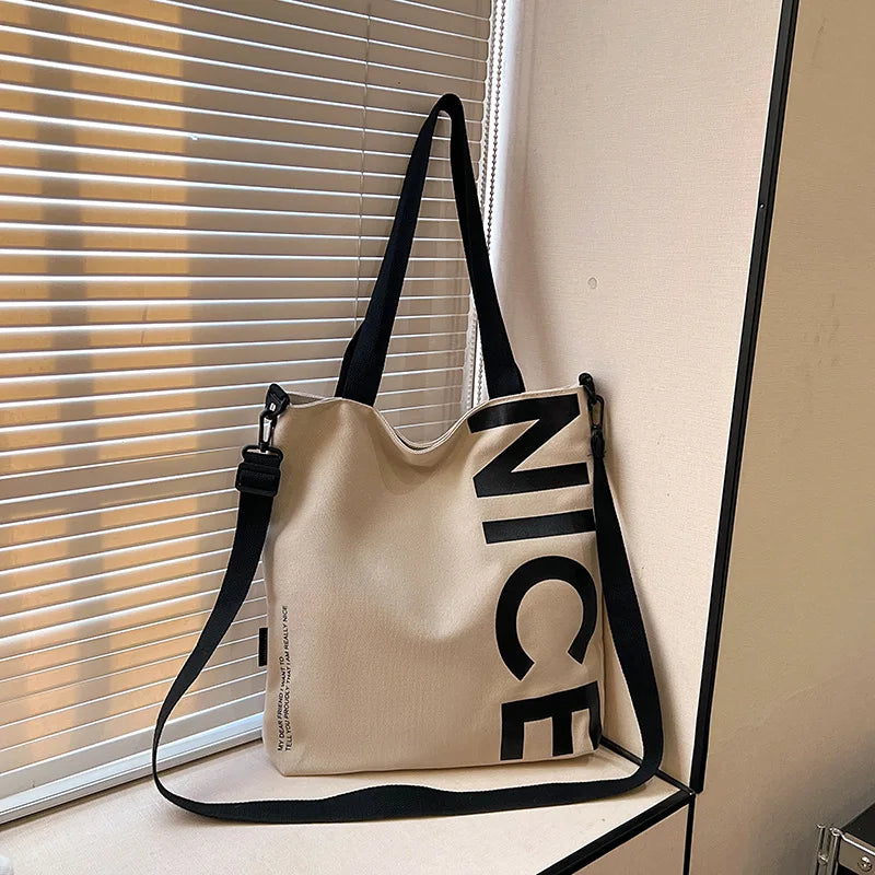 Student Canvas Bag Large Capacity Trendy Tote Zipper Closure Letter Print Single-Shoulder Crossbody Bag