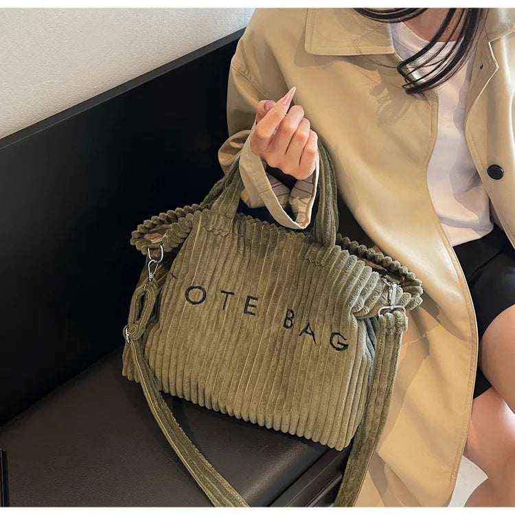 Large Capacity Striped Velvet Handbag Shoulder Bag for Woman Handbags Crossbody Bags, Versatile Letter Corduroy Women's Tote Bag