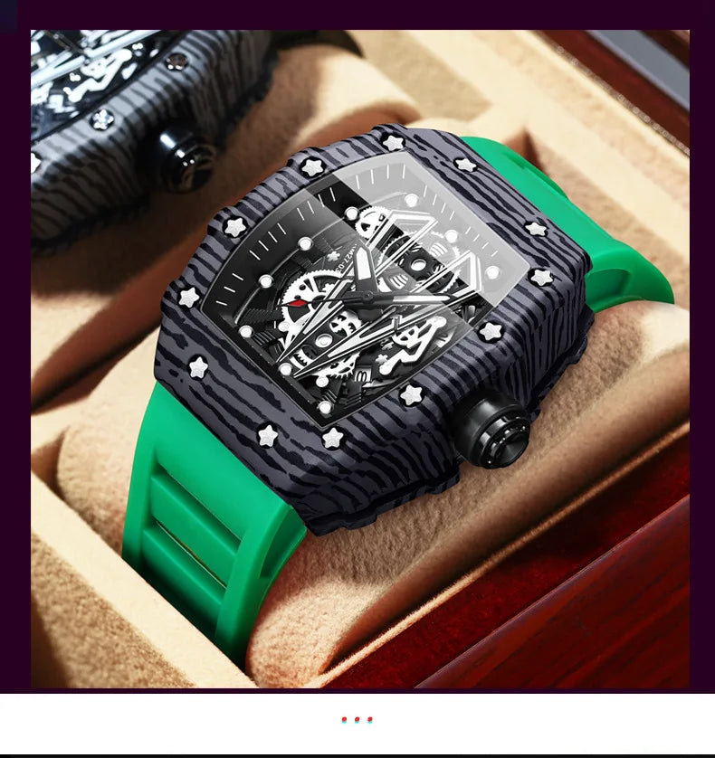 BINBOND Brand Men Watch Domineering Barrel Watch Curved Mirror Hollow Surface Sports Men Watch Silicone Quartz Wristwatch B8577