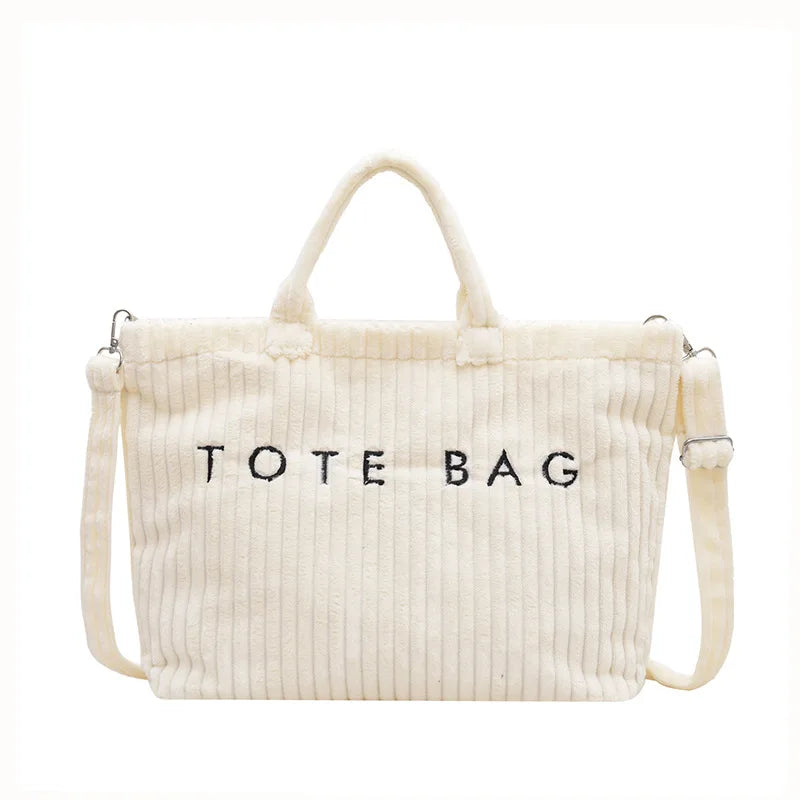 Large Capacity Striped Velvet Handbag Shoulder Bag for Woman Handbags Crossbody Bags, Versatile Letter Corduroy Women's Tote Bag