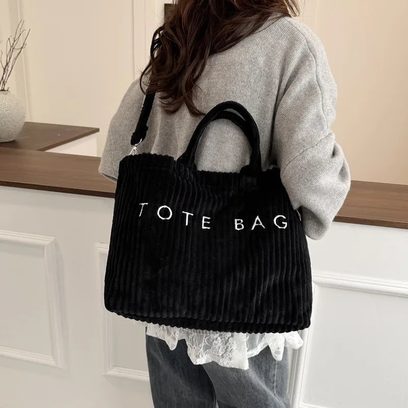 Large Capacity Striped Velvet Handbag Shoulder Bag for Woman Handbags Crossbody Bags, Versatile Letter Corduroy Women's Tote Bag