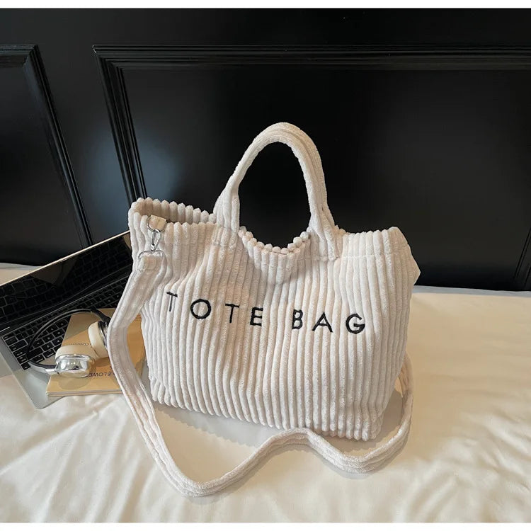 Large Capacity Striped Velvet Handbag Shoulder Bag for Woman Handbags Crossbody Bags, Versatile Letter Corduroy Women's Tote Bag