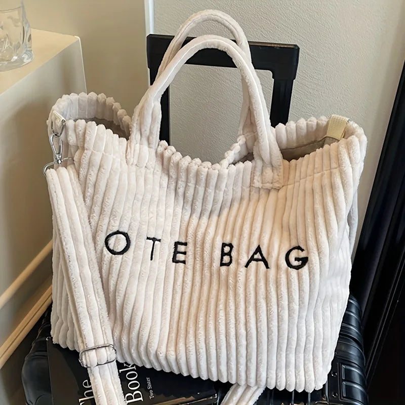 Large Capacity Striped Velvet Handbag Shoulder Bag for Woman Handbags Crossbody Bags, Versatile Letter Corduroy Women's Tote Bag