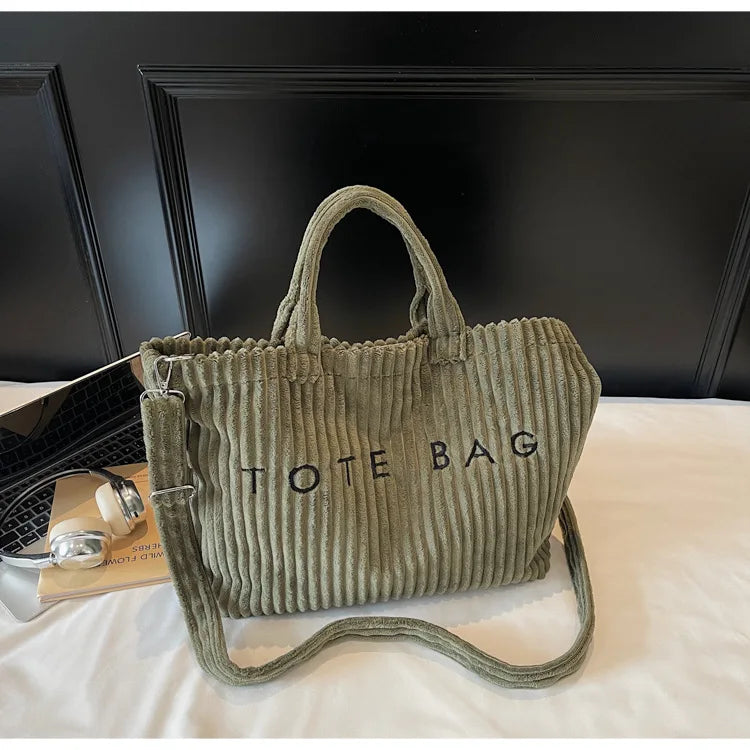 Large Capacity Striped Velvet Handbag Shoulder Bag for Woman Handbags Crossbody Bags, Versatile Letter Corduroy Women's Tote Bag
