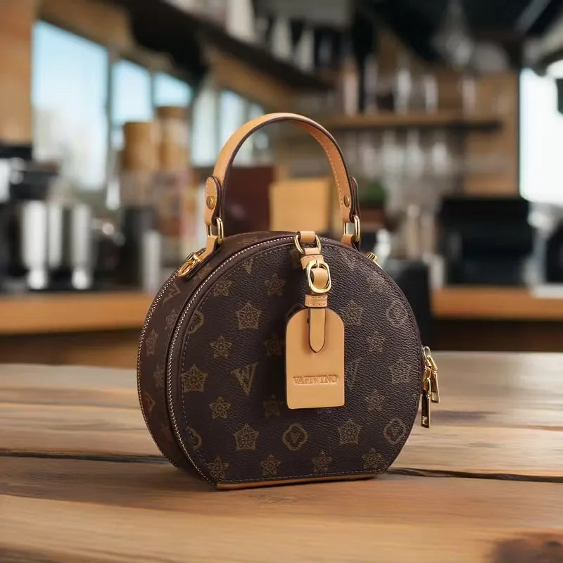 Vintage Floral Print Round Handbag for Women - Elegant Detachable Strap, Zipper Closure, Polyester Lined, White Leather-Like