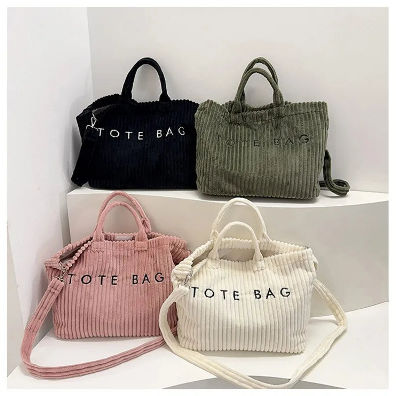 Large Capacity Striped Velvet Handbag Shoulder Bag for Woman Handbags Crossbody Bags, Versatile Letter Corduroy Women's Tote Bag