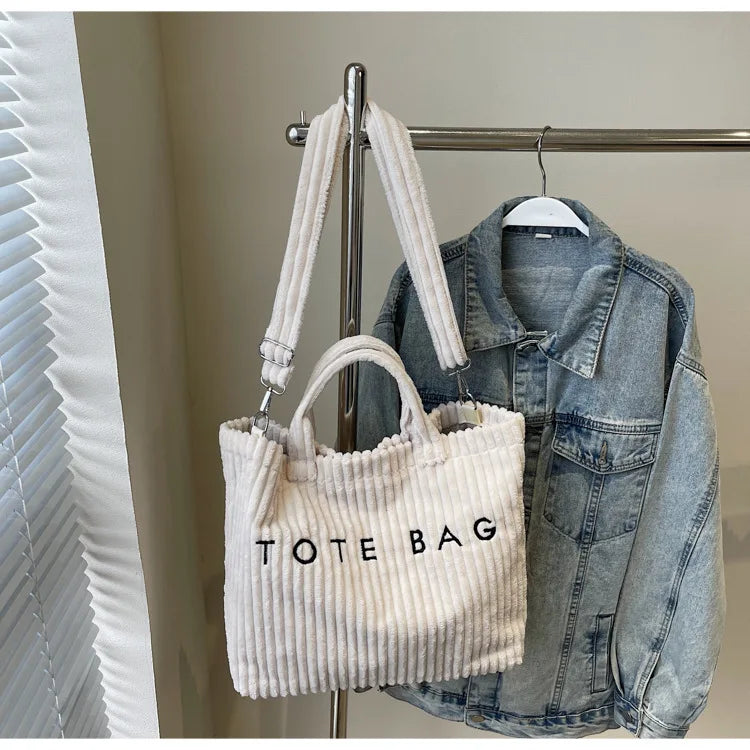 Large Capacity Striped Velvet Handbag Shoulder Bag for Woman Handbags Crossbody Bags, Versatile Letter Corduroy Women's Tote Bag