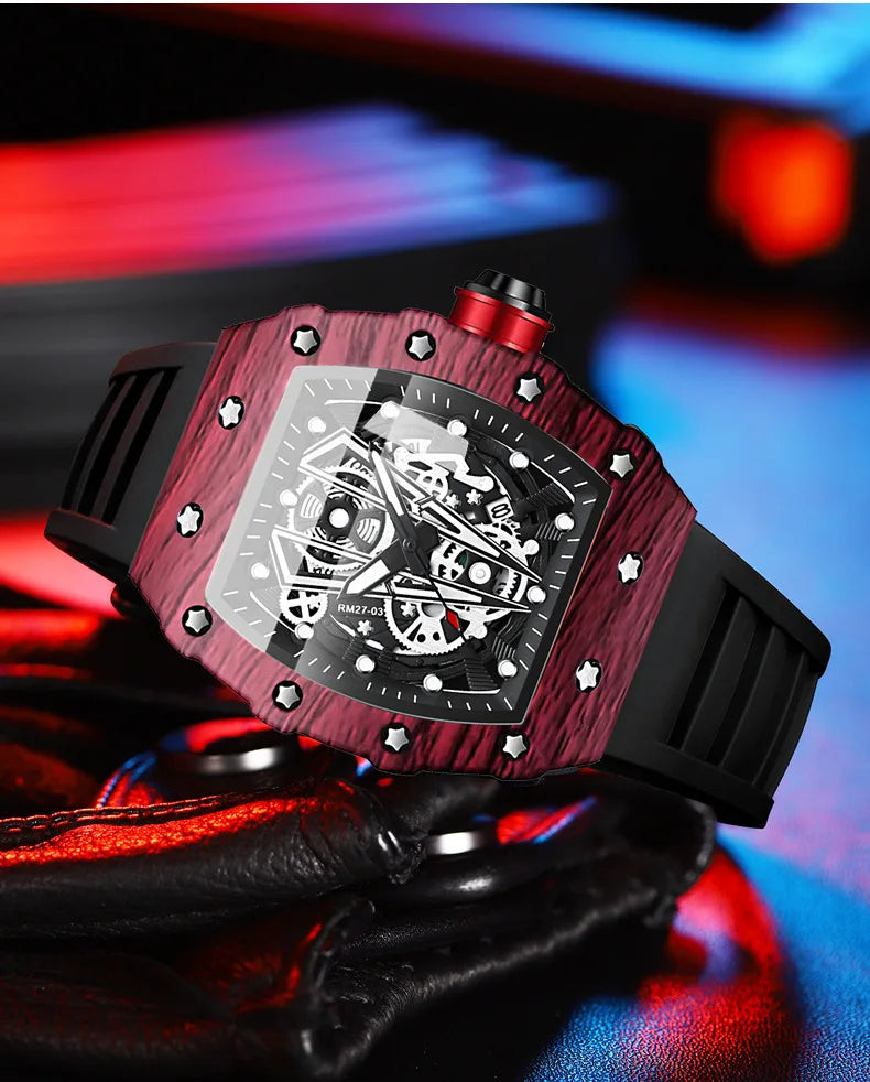 BINBOND Brand Men Watch Domineering Barrel Watch Curved Mirror Hollow Surface Sports Men Watch Silicone Quartz Wristwatch B8577