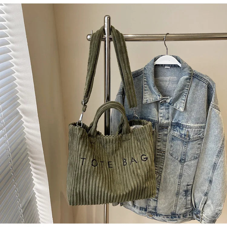 Large Capacity Striped Velvet Handbag Shoulder Bag for Woman Handbags Crossbody Bags, Versatile Letter Corduroy Women's Tote Bag