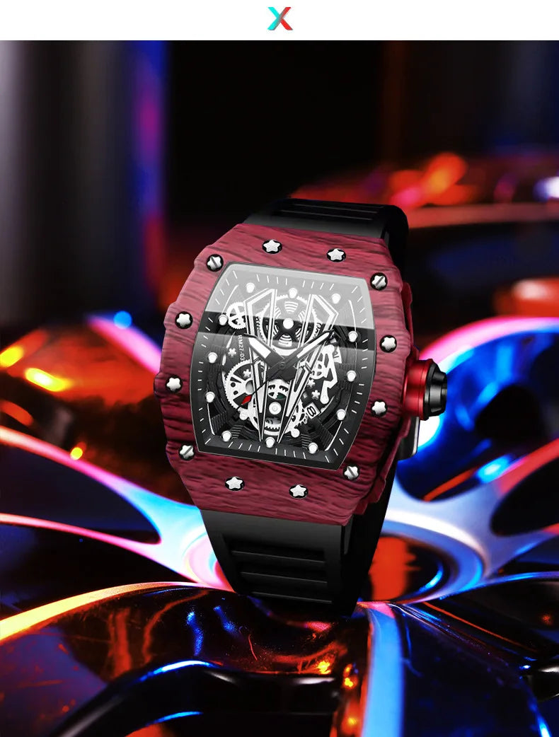 BINBOND Brand Men Watch Domineering Barrel Watch Curved Mirror Hollow Surface Sports Men Watch Silicone Quartz Wristwatch B8577