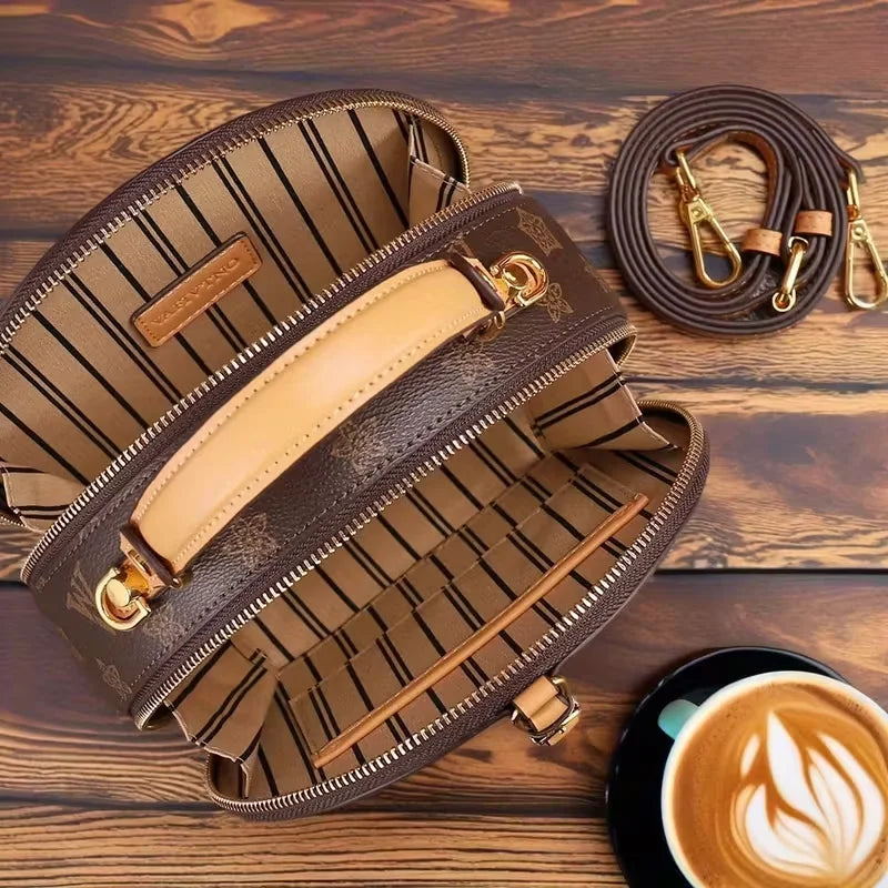 Vintage Floral Print Round Handbag for Women - Elegant Detachable Strap, Zipper Closure, Polyester Lined, White Leather-Like