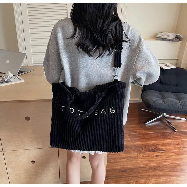 Large Capacity Striped Velvet Handbag Shoulder Bag for Woman Handbags Crossbody Bags, Versatile Letter Corduroy Women's Tote Bag