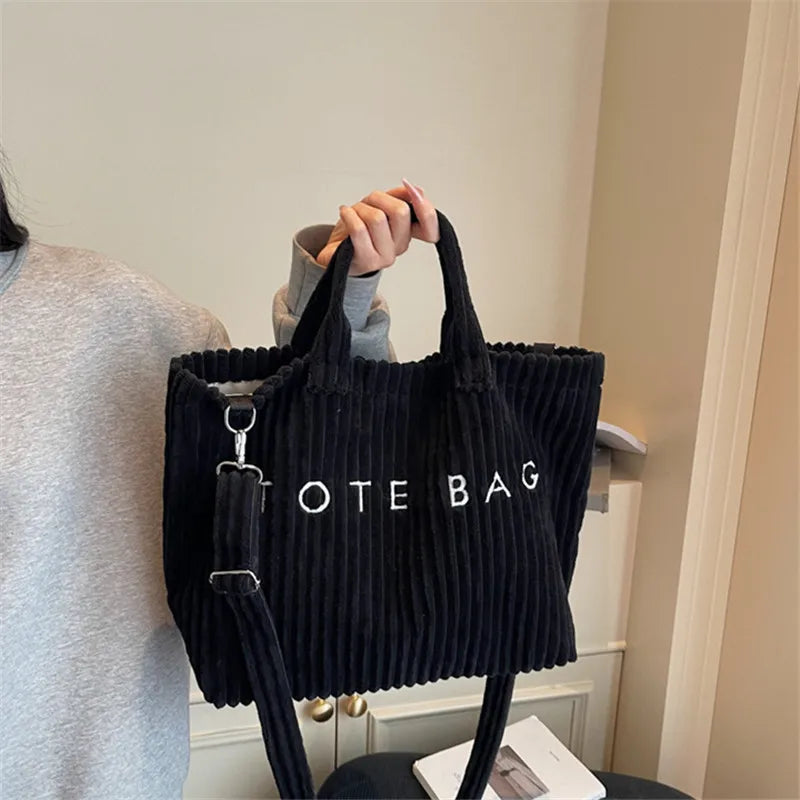 Large Capacity Striped Velvet Handbag Shoulder Bag for Woman Handbags Crossbody Bags, Versatile Letter Corduroy Women's Tote Bag