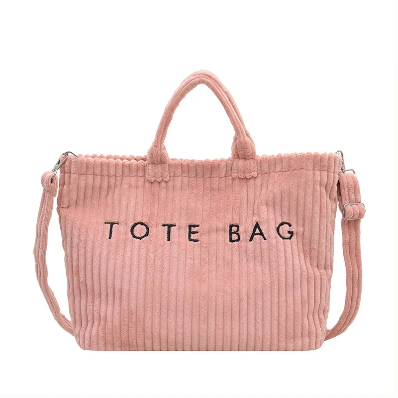 Large Capacity Striped Velvet Handbag Shoulder Bag for Woman Handbags Crossbody Bags, Versatile Letter Corduroy Women's Tote Bag
