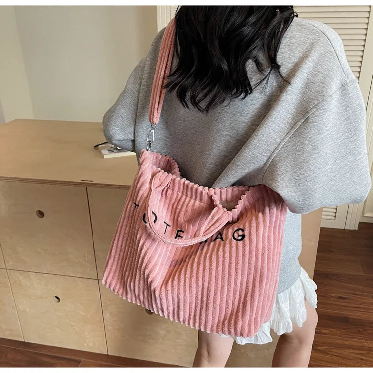 Large Capacity Striped Velvet Handbag Shoulder Bag for Woman Handbags Crossbody Bags, Versatile Letter Corduroy Women's Tote Bag