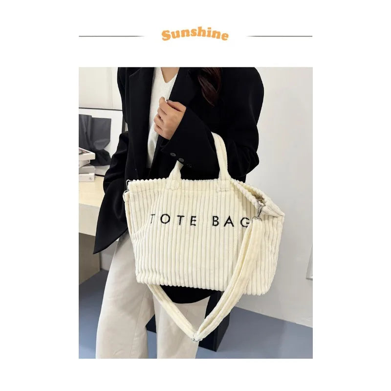 Large Capacity Striped Velvet Handbag Shoulder Bag for Woman Handbags Crossbody Bags, Versatile Letter Corduroy Women's Tote Bag