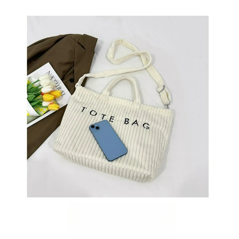 Large Capacity Striped Velvet Handbag Shoulder Bag for Woman Handbags Crossbody Bags, Versatile Letter Corduroy Women's Tote Bag