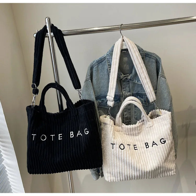 Large Capacity Striped Velvet Handbag Shoulder Bag for Woman Handbags Crossbody Bags, Versatile Letter Corduroy Women's Tote Bag