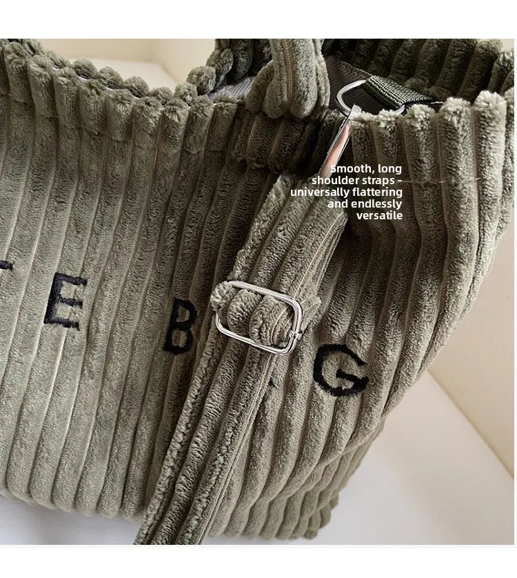 Large Capacity Striped Velvet Handbag Shoulder Bag for Woman Handbags Crossbody Bags, Versatile Letter Corduroy Women's Tote Bag