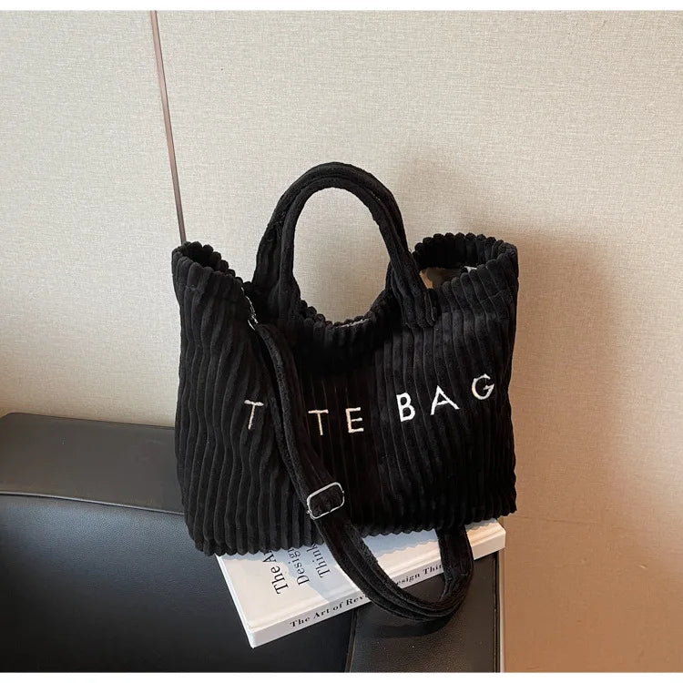Large Capacity Striped Velvet Handbag Shoulder Bag for Woman Handbags Crossbody Bags, Versatile Letter Corduroy Women's Tote Bag