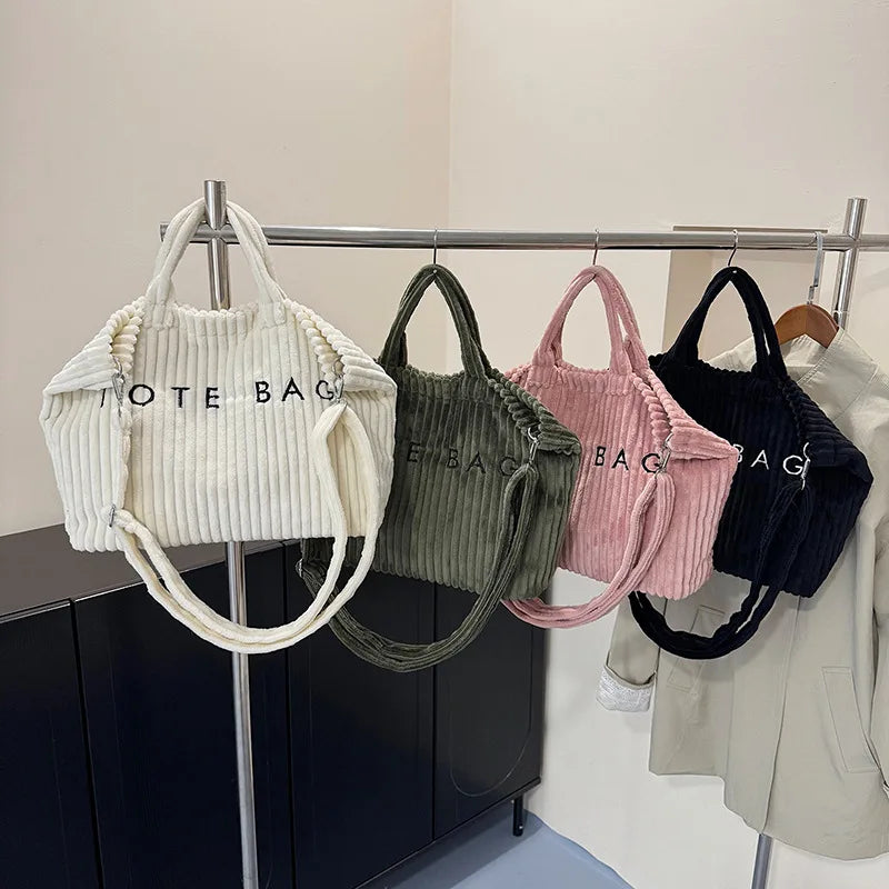 Large Capacity Striped Velvet Handbag Shoulder Bag for Woman Handbags Crossbody Bags, Versatile Letter Corduroy Women's Tote Bag