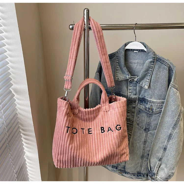 Large Capacity Striped Velvet Handbag Shoulder Bag for Woman Handbags Crossbody Bags, Versatile Letter Corduroy Women's Tote Bag