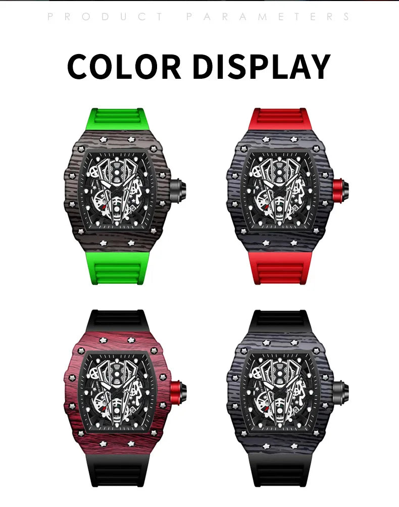 BINBOND Brand Men Watch Domineering Barrel Watch Curved Mirror Hollow Surface Sports Men Watch Silicone Quartz Wristwatch B8577