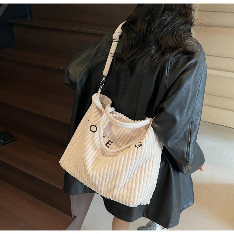Large Capacity Striped Velvet Handbag Shoulder Bag for Woman Handbags Crossbody Bags, Versatile Letter Corduroy Women's Tote Bag