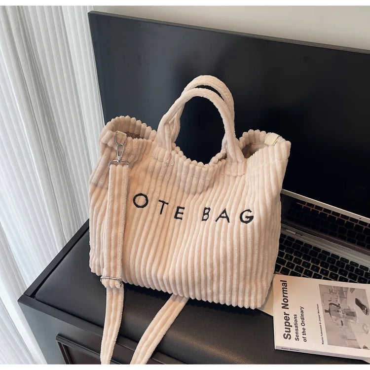 Large Capacity Striped Velvet Handbag Shoulder Bag for Woman Handbags Crossbody Bags, Versatile Letter Corduroy Women's Tote Bag