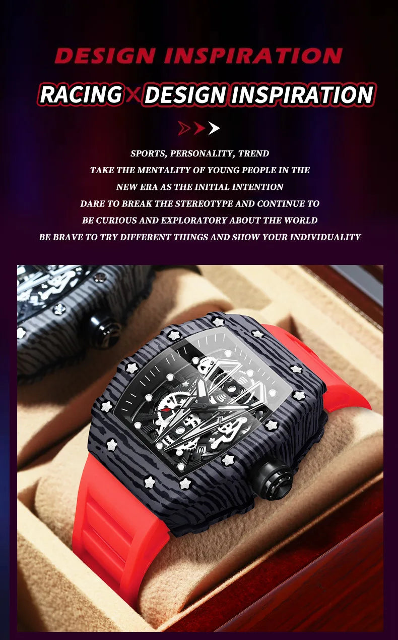 BINBOND Brand Men Watch Domineering Barrel Watch Curved Mirror Hollow Surface Sports Men Watch Silicone Quartz Wristwatch B8577