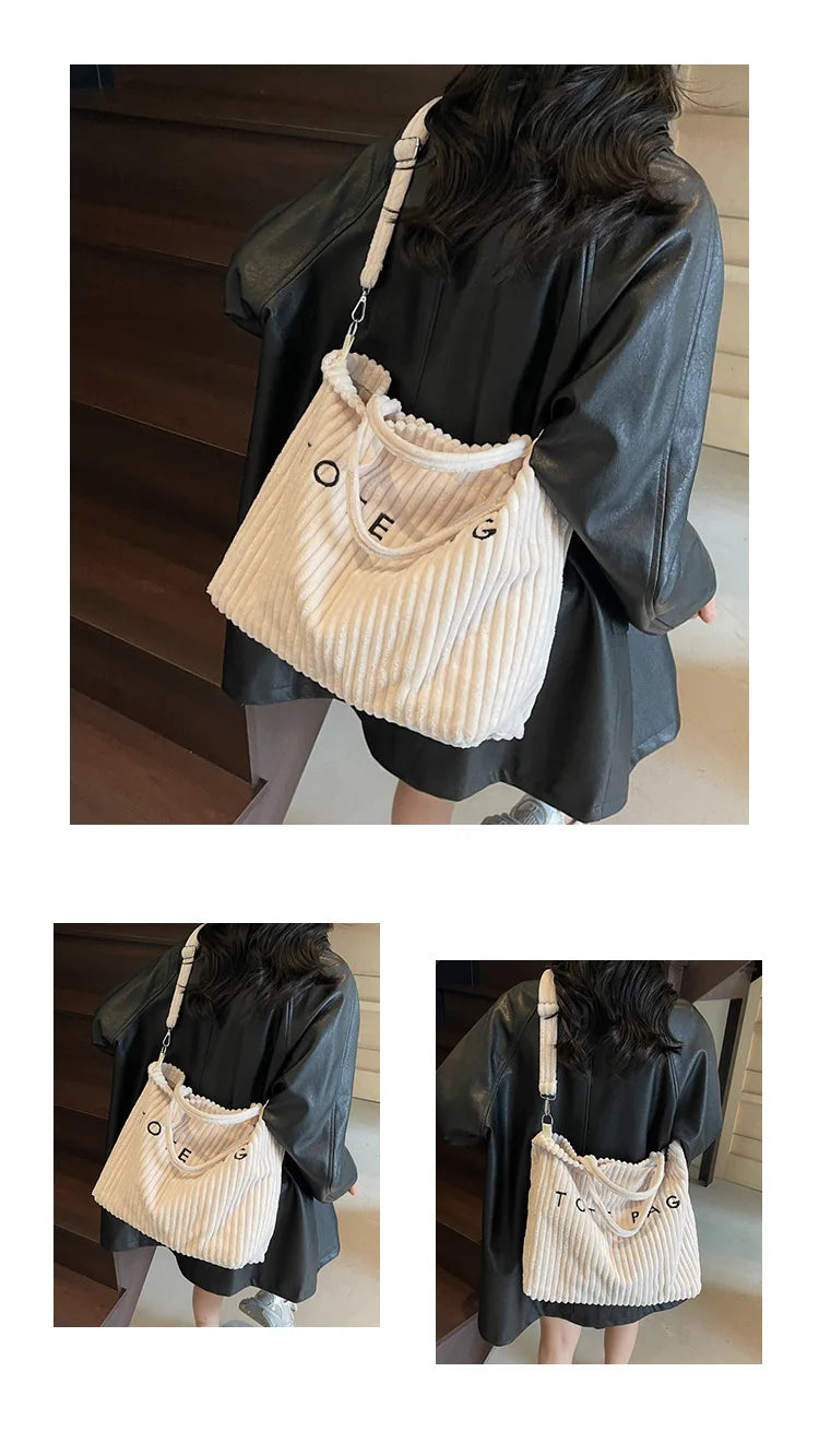 Large Capacity Striped Velvet Handbag Shoulder Bag for Woman Handbags Crossbody Bags, Versatile Letter Corduroy Women's Tote Bag
