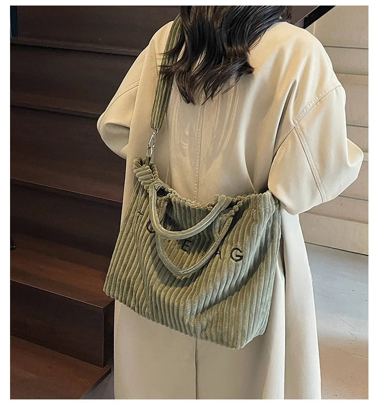 Large Capacity Striped Velvet Handbag Shoulder Bag for Woman Handbags Crossbody Bags, Versatile Letter Corduroy Women's Tote Bag
