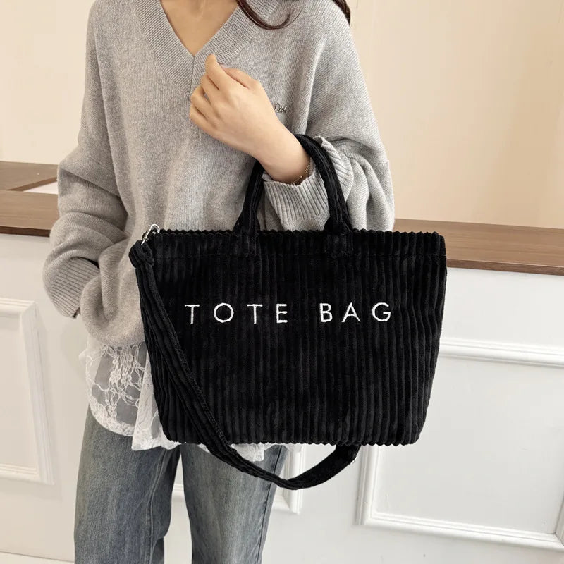 Large Capacity Striped Velvet Handbag Shoulder Bag for Woman Handbags Crossbody Bags, Versatile Letter Corduroy Women's Tote Bag