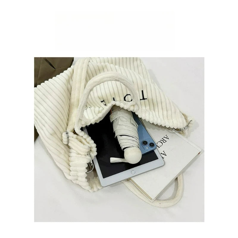 Large Capacity Striped Velvet Handbag Shoulder Bag for Woman Handbags Crossbody Bags, Versatile Letter Corduroy Women's Tote Bag