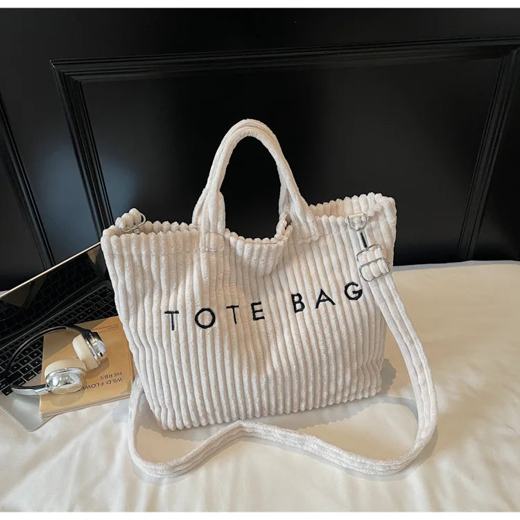 Large Capacity Striped Velvet Handbag Shoulder Bag for Woman Handbags Crossbody Bags, Versatile Letter Corduroy Women's Tote Bag