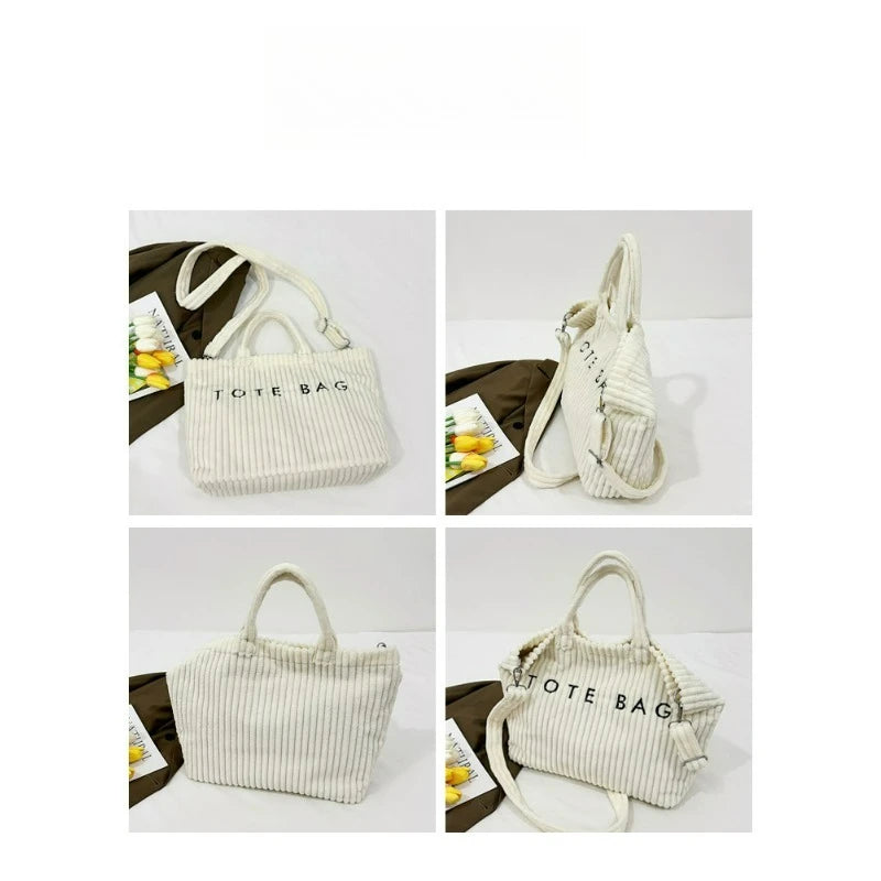 Large Capacity Striped Velvet Handbag Shoulder Bag for Woman Handbags Crossbody Bags, Versatile Letter Corduroy Women's Tote Bag