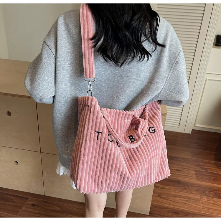 Large Capacity Striped Velvet Handbag Shoulder Bag for Woman Handbags Crossbody Bags, Versatile Letter Corduroy Women's Tote Bag
