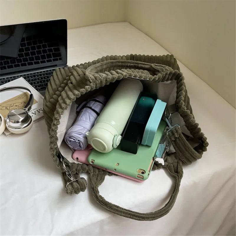 Large Capacity Striped Velvet Handbag Shoulder Bag for Woman Handbags Crossbody Bags, Versatile Letter Corduroy Women's Tote Bag