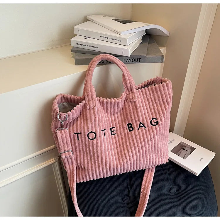 Large Capacity Striped Velvet Handbag Shoulder Bag for Woman Handbags Crossbody Bags, Versatile Letter Corduroy Women's Tote Bag
