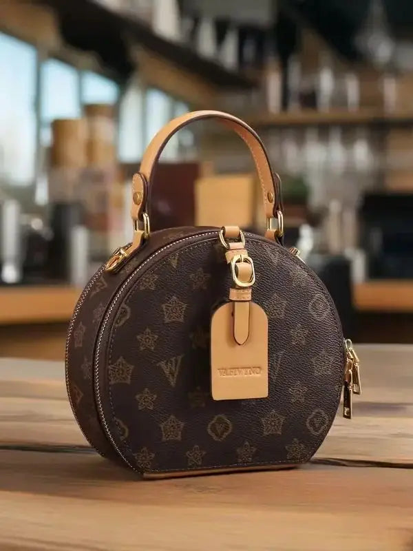 Vintage Floral Print Round Handbag for Women - Elegant Detachable Strap, Zipper Closure, Polyester Lined, White Leather-Like