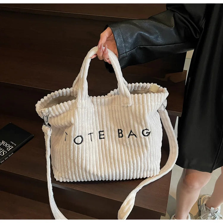 Large Capacity Striped Velvet Handbag Shoulder Bag for Woman Handbags Crossbody Bags, Versatile Letter Corduroy Women's Tote Bag