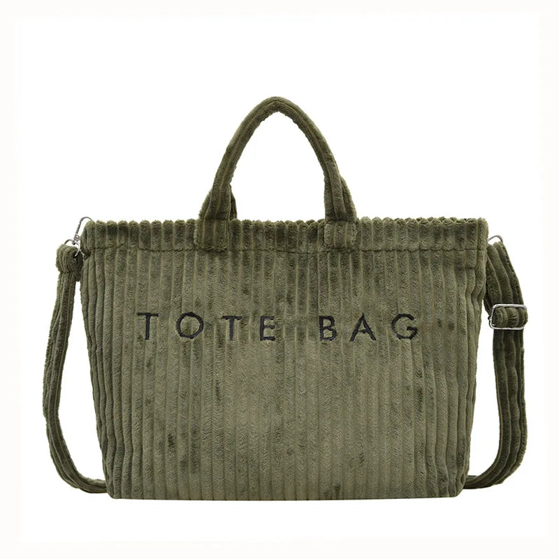 Large Capacity Striped Velvet Handbag Shoulder Bag for Woman Handbags Crossbody Bags, Versatile Letter Corduroy Women's Tote Bag