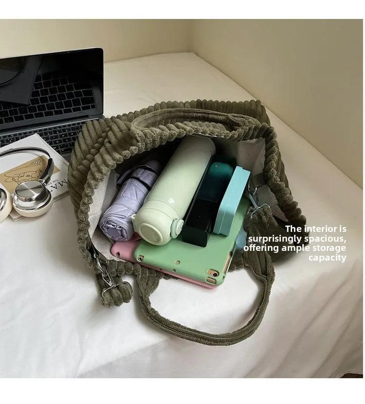 Large Capacity Striped Velvet Handbag Shoulder Bag for Woman Handbags Crossbody Bags, Versatile Letter Corduroy Women's Tote Bag